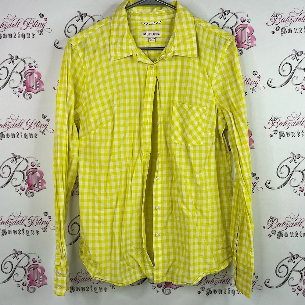 Merona button down gingham picnic stripes shirt top Yellow Plaid Casual Shirt